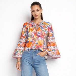 Hale Bob Top Lucinda  Pink Orange Blue Floral Bell Sleeve Boho Fairy Blouse M